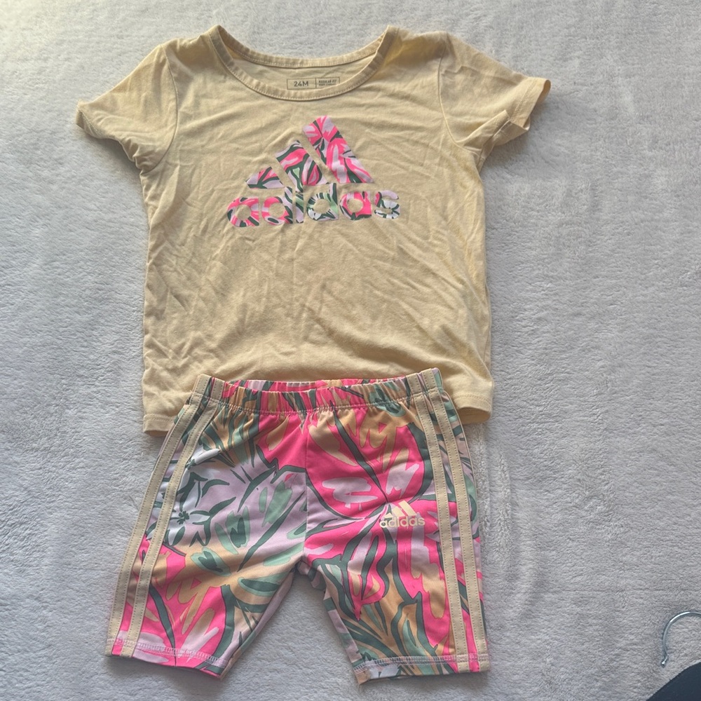 Adidas Beige and Pink Floral Tee and Shorts